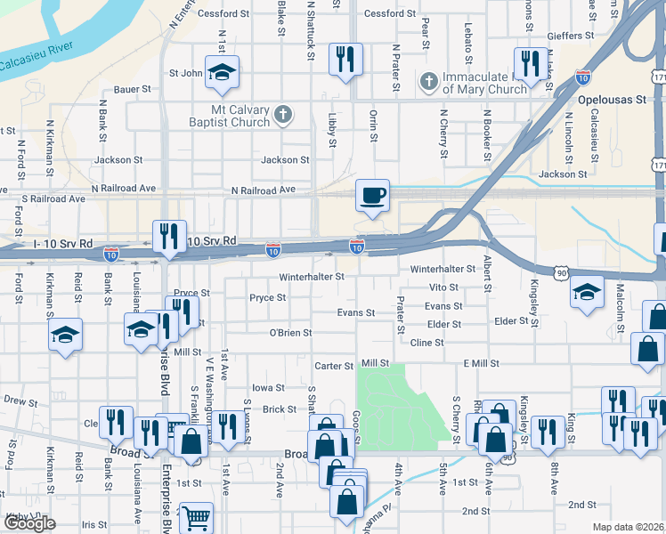 map of restaurants, bars, coffee shops, grocery stores, and more near 316 White St in Lake Charles