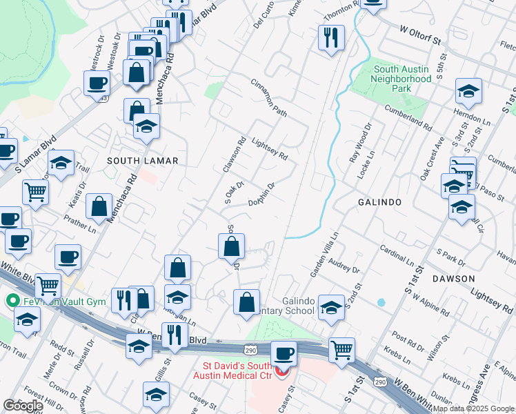 map of restaurants, bars, coffee shops, grocery stores, and more near 3321 Dolphin Drive in Austin
