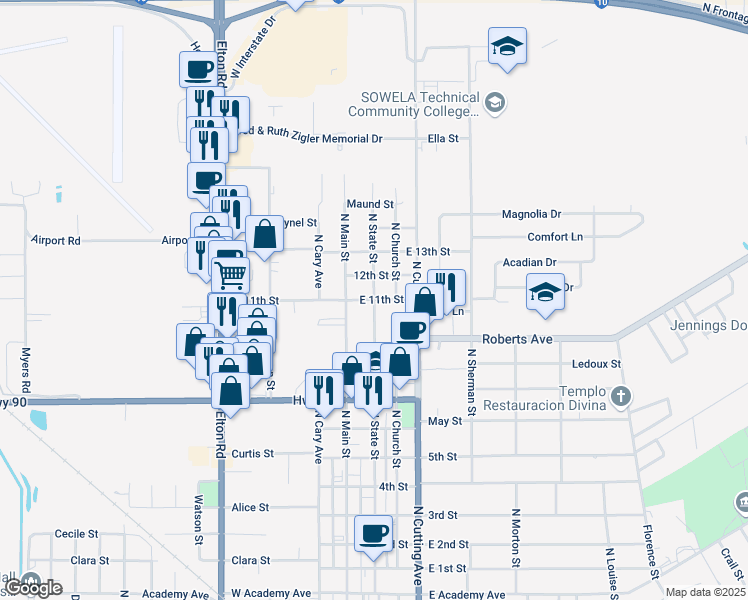 map of restaurants, bars, coffee shops, grocery stores, and more near 200 East 11th Street in Jennings