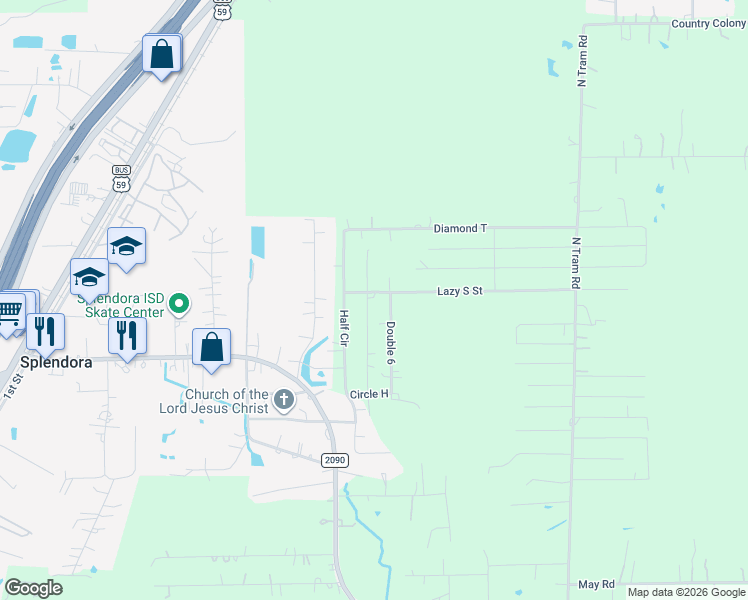 map of restaurants, bars, coffee shops, grocery stores, and more near 26824 Lazy South Street in Splendora