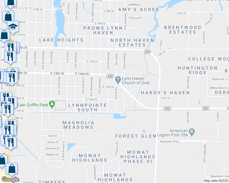 map of restaurants, bars, coffee shops, grocery stores, and more near 1506 Texas Avenue in Lynn Haven