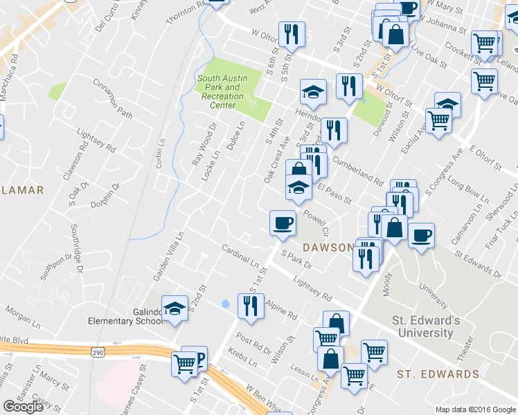 map of restaurants, bars, coffee shops, grocery stores, and more near Oak Crest Ave & Peacock Ln in Austin