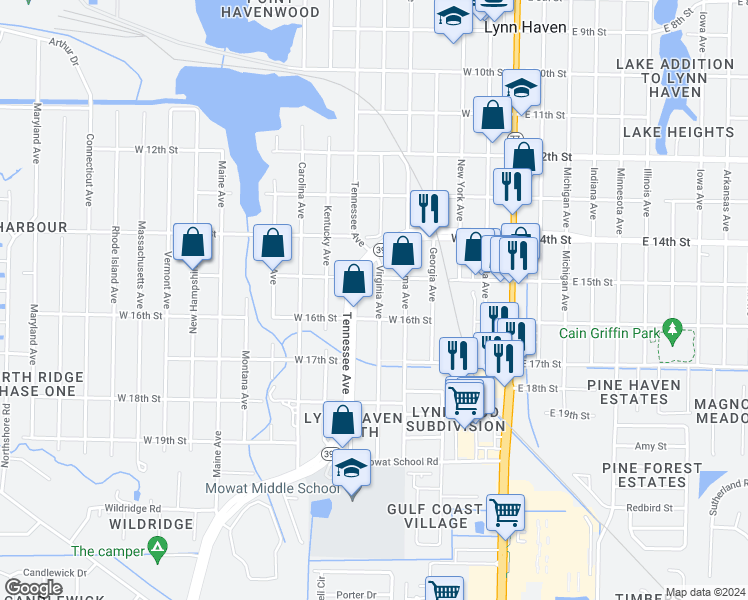 map of restaurants, bars, coffee shops, grocery stores, and more near 1510 Virginia Avenue in Lynn Haven
