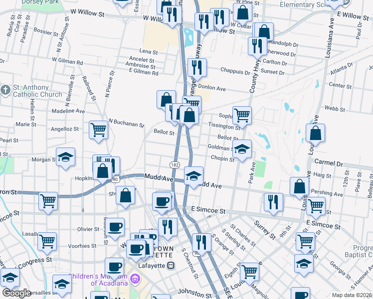 map of restaurants, bars, coffee shops, grocery stores, and more near 318 Goldman Street in Lafayette