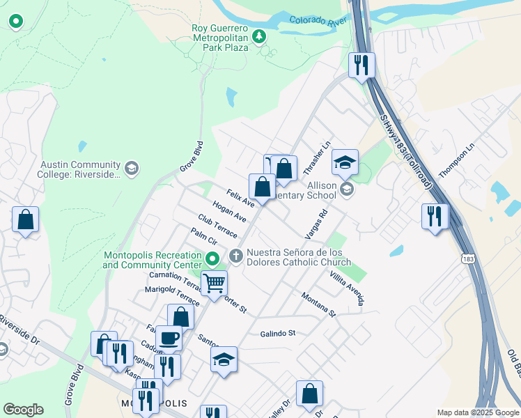 map of restaurants, bars, coffee shops, grocery stores, and more near Montopolis Dr & Felix Ave in Austin