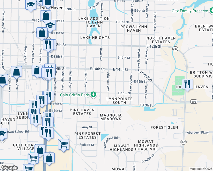 map of restaurants, bars, coffee shops, grocery stores, and more near 1508 Arkansas Avenue in Lynn Haven
