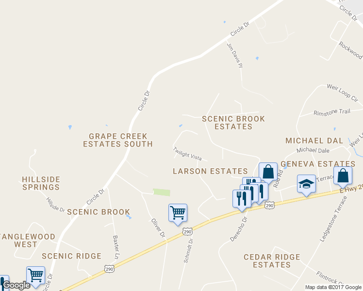 map of restaurants, bars, coffee shops, grocery stores, and more near 10700 Twilight Vista in Austin
