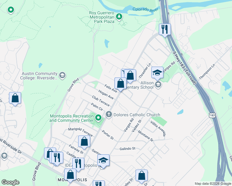 map of restaurants, bars, coffee shops, grocery stores, and more near 6213 Felix Avenue in Austin
