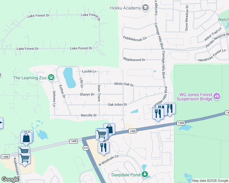 map of restaurants, bars, coffee shops, grocery stores, and more near 9144 Sharyn Drive in Conroe