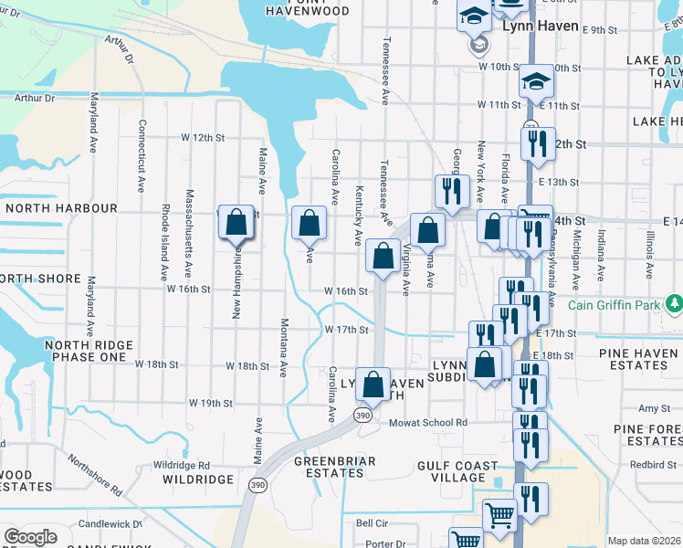 map of restaurants, bars, coffee shops, grocery stores, and more near 1511 Carolina Avenue in Lynn Haven