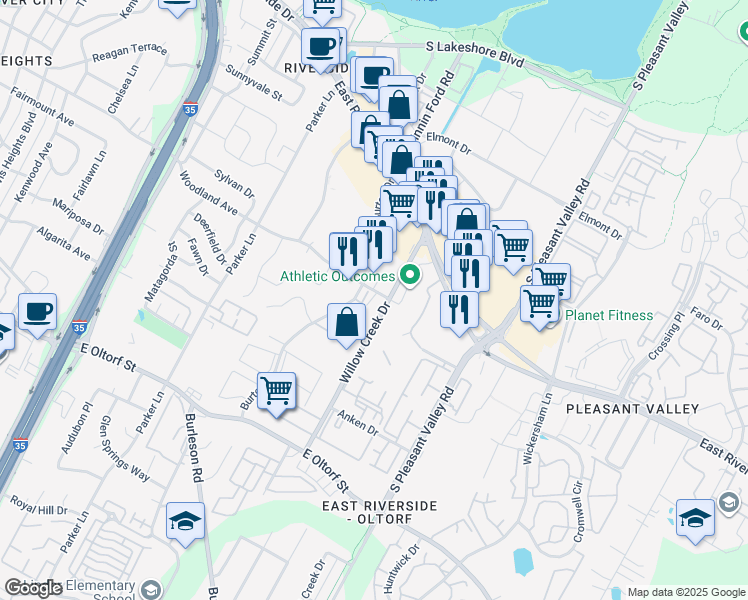 map of restaurants, bars, coffee shops, grocery stores, and more near 2217 Woodland Avenue in Austin