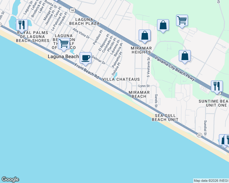 map of restaurants, bars, coffee shops, grocery stores, and more near 17887 Front Beach Rd in Panama City Beach