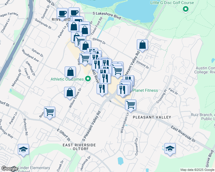 map of restaurants, bars, coffee shops, grocery stores, and more near 2500 East Riverside Drive in Austin