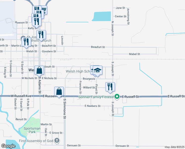 map of restaurants, bars, coffee shops, grocery stores, and more near 222 Bourgeois St in Welsh
