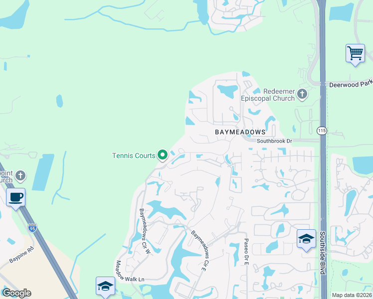 map of restaurants, bars, coffee shops, grocery stores, and more near 7602 Bay Meadows Circle in Jacksonville