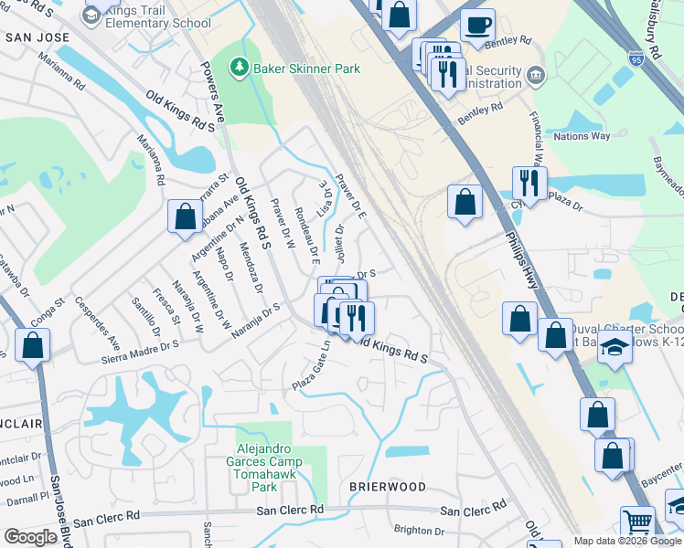 map of restaurants, bars, coffee shops, grocery stores, and more near 7957 Jolliet Drive in Jacksonville