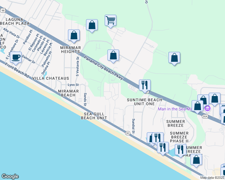 map of restaurants, bars, coffee shops, grocery stores, and more near in Panama City Beach
