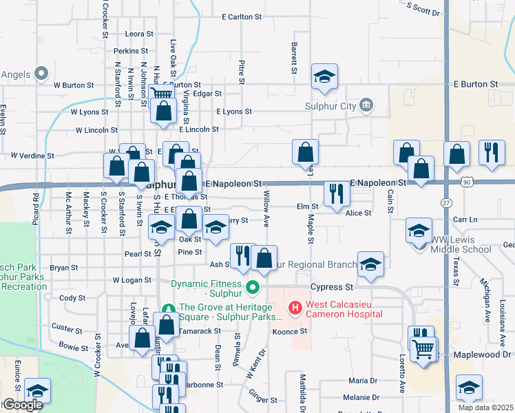 map of restaurants, bars, coffee shops, grocery stores, and more near 608 East Elizabeth Street in Sulphur