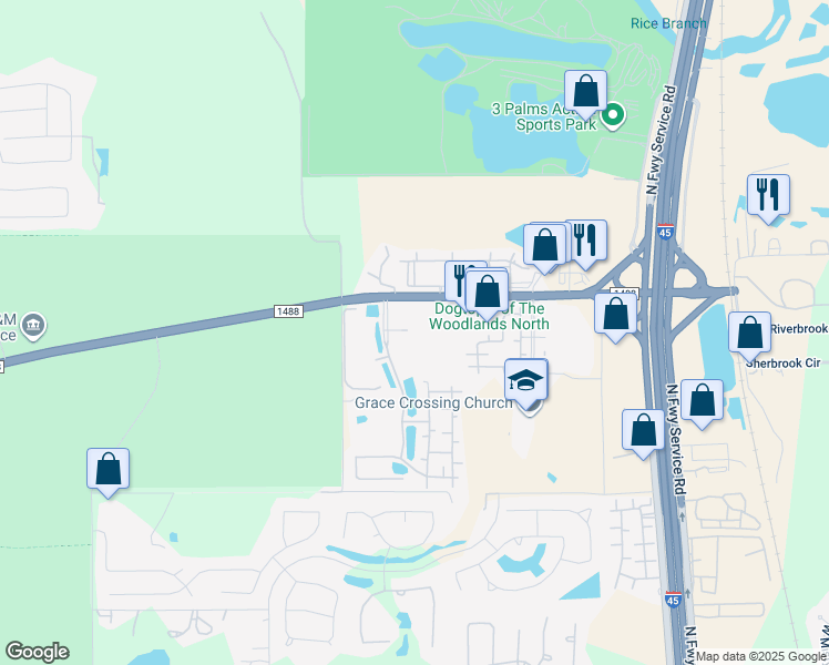 map of restaurants, bars, coffee shops, grocery stores, and more near 541 Farm to Market Road 1488 in Conroe