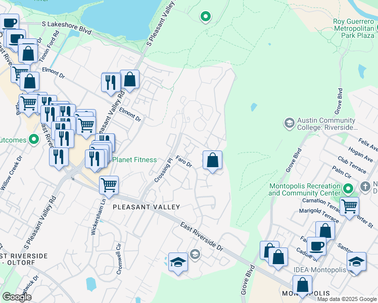 map of restaurants, bars, coffee shops, grocery stores, and more near 1511 Faro Drive in Austin