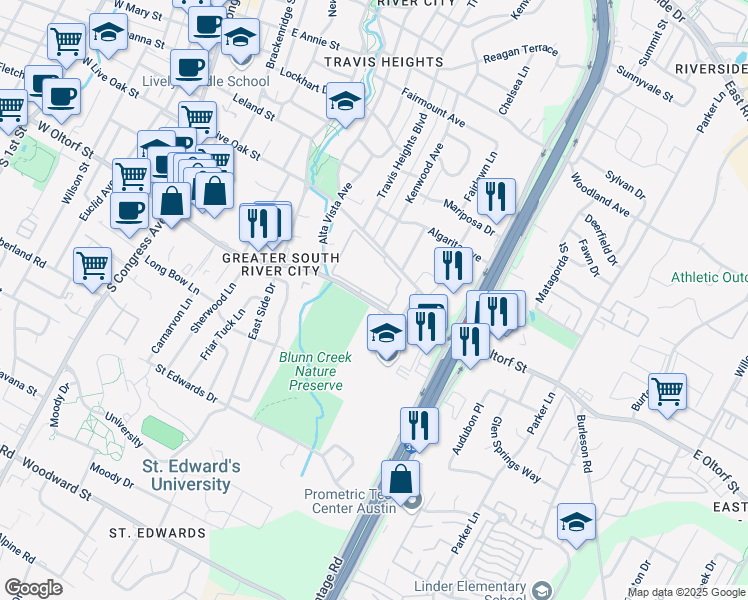 map of restaurants, bars, coffee shops, grocery stores, and more near 1110 East Oltorf Street in Austin