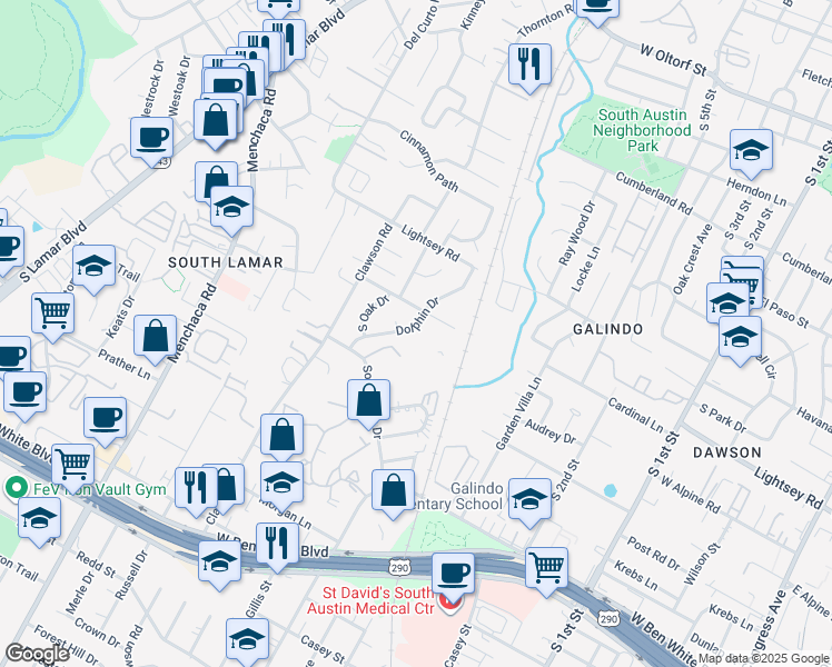 map of restaurants, bars, coffee shops, grocery stores, and more near 3321 Dolphin Drive in Austin