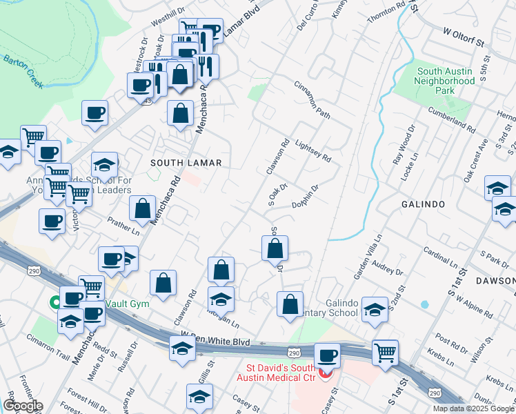 map of restaurants, bars, coffee shops, grocery stores, and more near 3503 Clawson Road in Austin