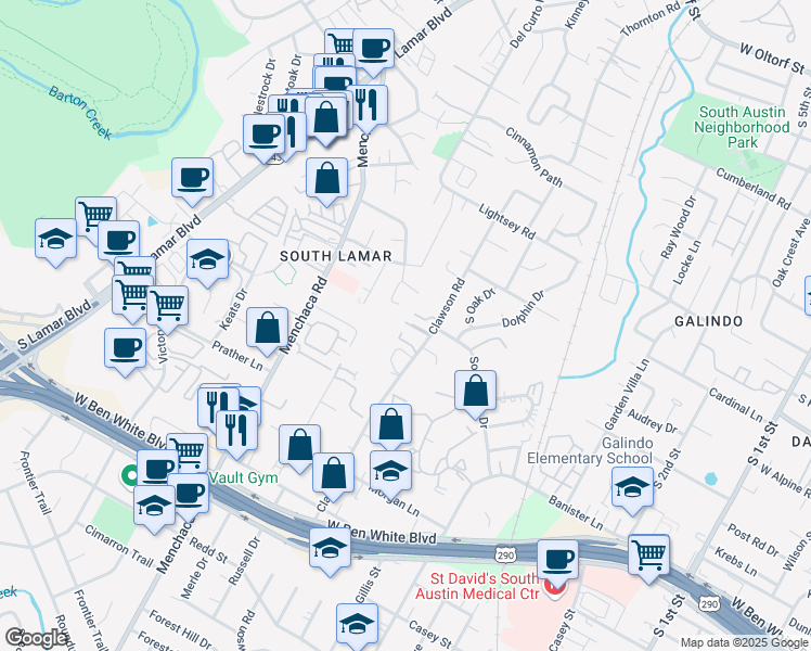 map of restaurants, bars, coffee shops, grocery stores, and more near 3508 1/2 Clawson Road in Austin