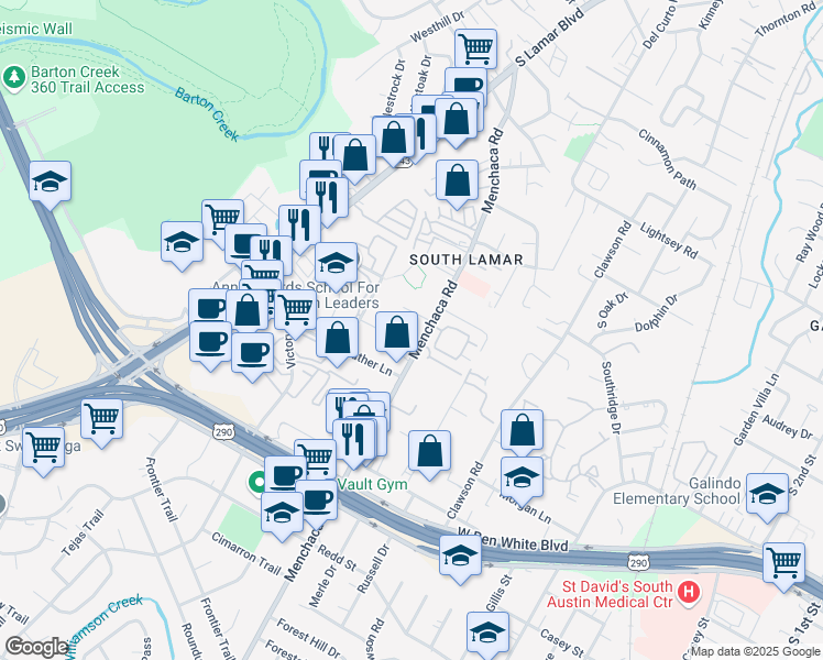 map of restaurants, bars, coffee shops, grocery stores, and more near 3804 Manchaca Road in Austin