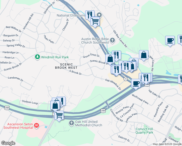 map of restaurants, bars, coffee shops, grocery stores, and more near 7102 South Brook Drive in Austin