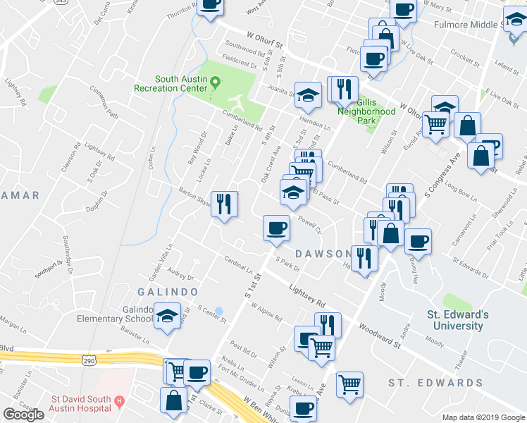 map of restaurants, bars, coffee shops, grocery stores, and more near 614 Peacock Lane in Austin