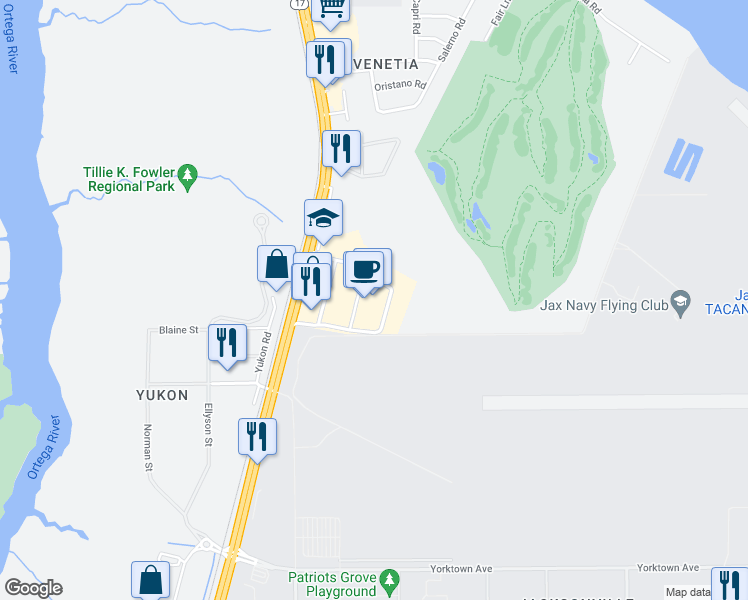 map of restaurants, bars, coffee shops, grocery stores, and more near 6331 Roosevelt Boulevard in Jacksonville