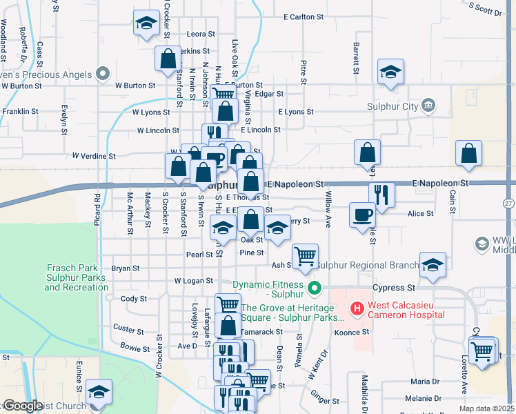 map of restaurants, bars, coffee shops, grocery stores, and more near 306 East Elizabeth Street in Sulphur