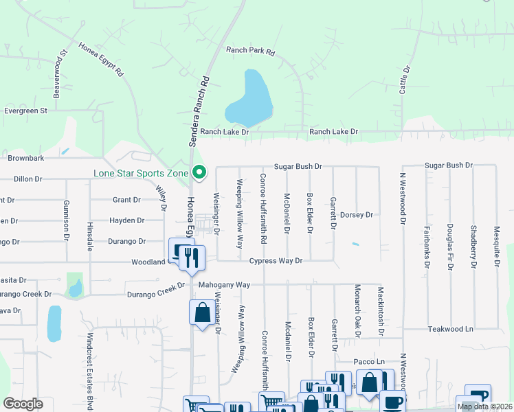 map of restaurants, bars, coffee shops, grocery stores, and more near 34219 Conroe Huffsmith Road in Magnolia