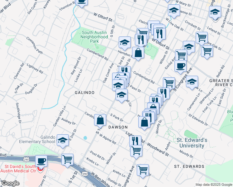 map of restaurants, bars, coffee shops, grocery stores, and more near 3000 South 1st Street in Austin