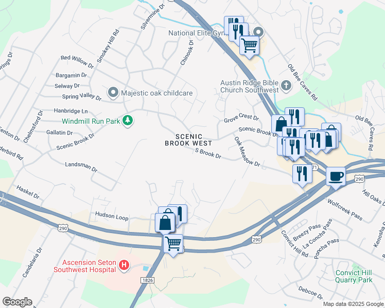 map of restaurants, bars, coffee shops, grocery stores, and more near 7198 Timberwood Street in Austin