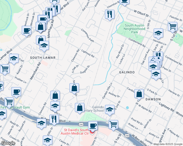 map of restaurants, bars, coffee shops, grocery stores, and more near 1403 Valleyridge Drive in Austin