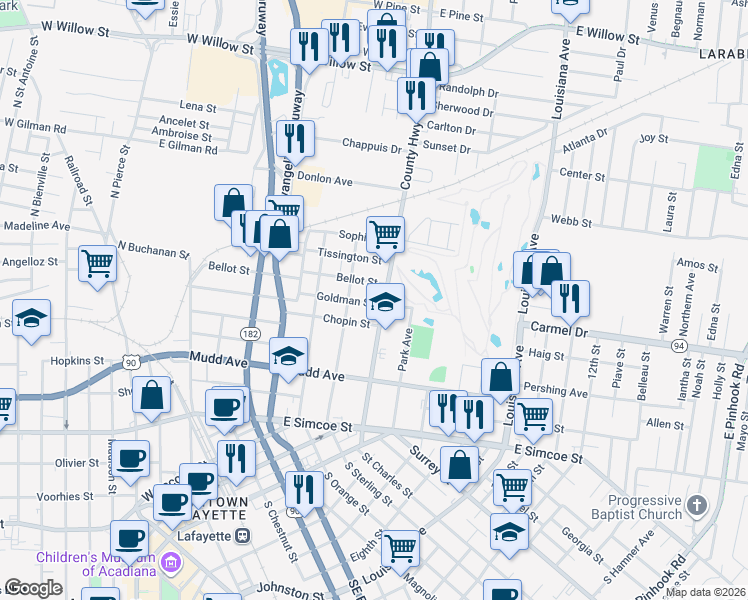 map of restaurants, bars, coffee shops, grocery stores, and more near 629 Goldman St in Lafayette