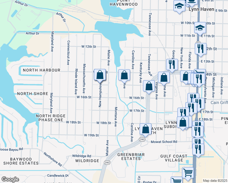map of restaurants, bars, coffee shops, grocery stores, and more near 1512 Montana Ave in Lynn Haven