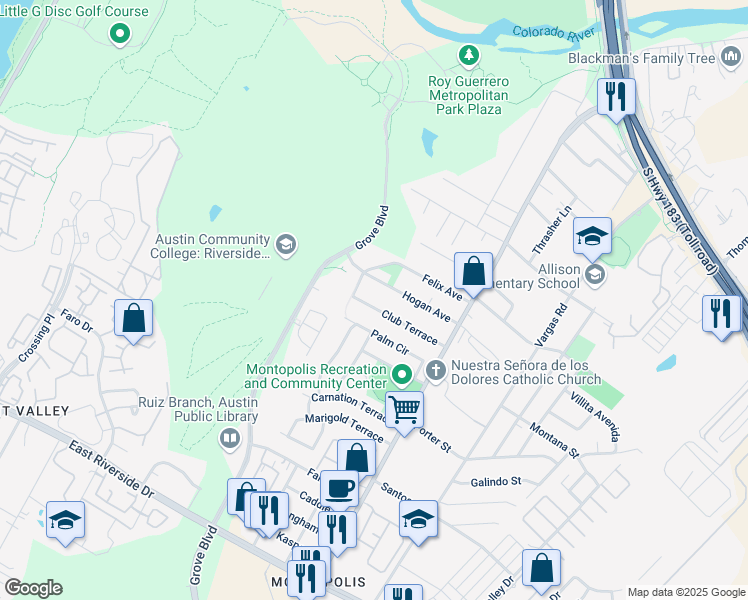 map of restaurants, bars, coffee shops, grocery stores, and more near 6006 Club Terrace in Austin