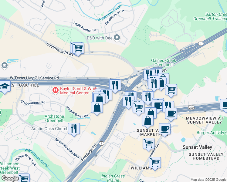 map of restaurants, bars, coffee shops, grocery stores, and more near West US Highway 290 Service Road in Austin