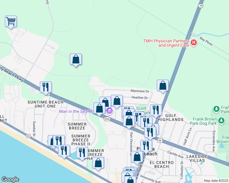 map of restaurants, bars, coffee shops, grocery stores, and more near 138 Manistee Drive in Panama City
