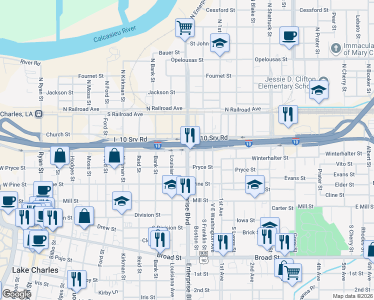 map of restaurants, bars, coffee shops, grocery stores, and more near 1199 Belden St in Lake Charles