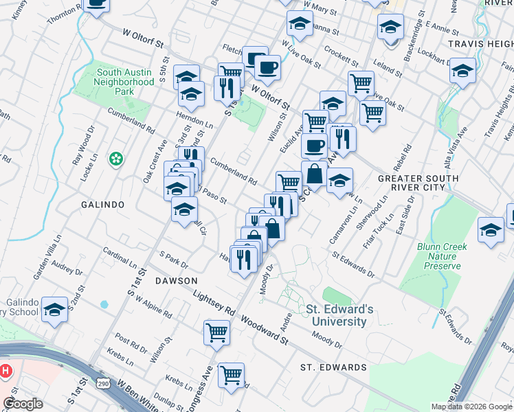 map of restaurants, bars, coffee shops, grocery stores, and more near 205 Ben Howell Drive in Austin