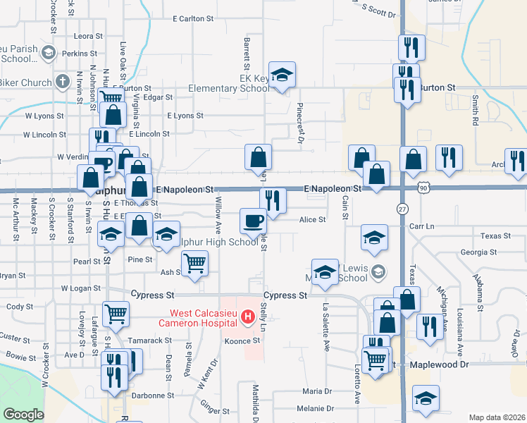 map of restaurants, bars, coffee shops, grocery stores, and more near 905 Elm St in Sulphur