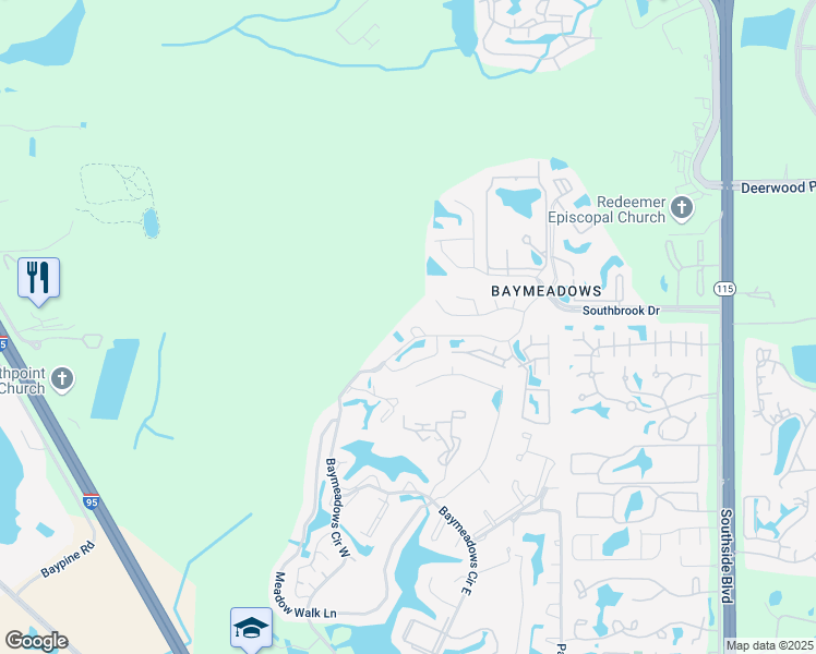 map of restaurants, bars, coffee shops, grocery stores, and more near 7602 Bay Meadows Circle in Jacksonville