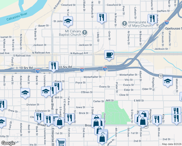 map of restaurants, bars, coffee shops, grocery stores, and more near 1620 Belden Street in Lake Charles
