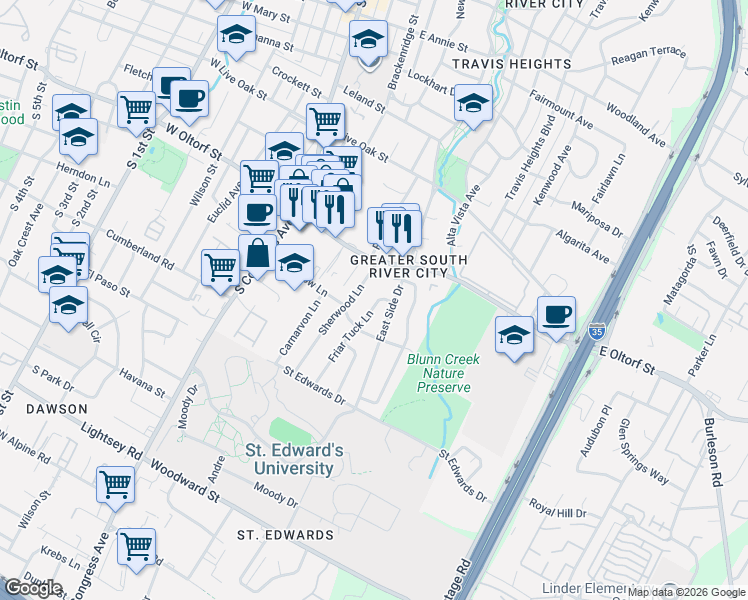 map of restaurants, bars, coffee shops, grocery stores, and more near 2508 Friar Tuck Lane in Austin