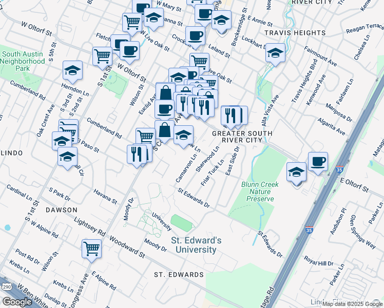 map of restaurants, bars, coffee shops, grocery stores, and more near 2515 South Congress Avenue in Austin