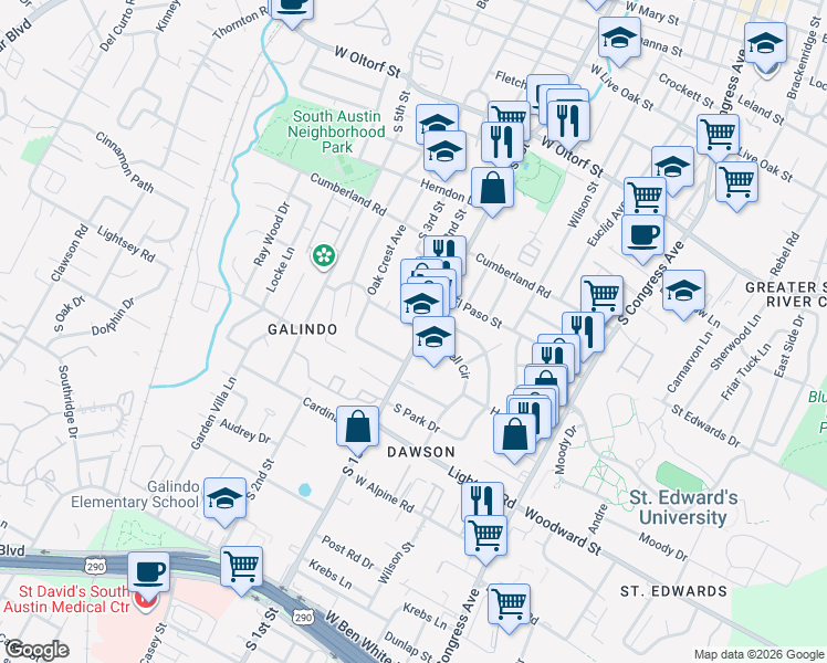 map of restaurants, bars, coffee shops, grocery stores, and more near 3000 South 1st Street in Austin